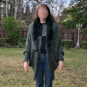 Sapphire Brand sleeved wrap/duster with faux fur and fringe trim